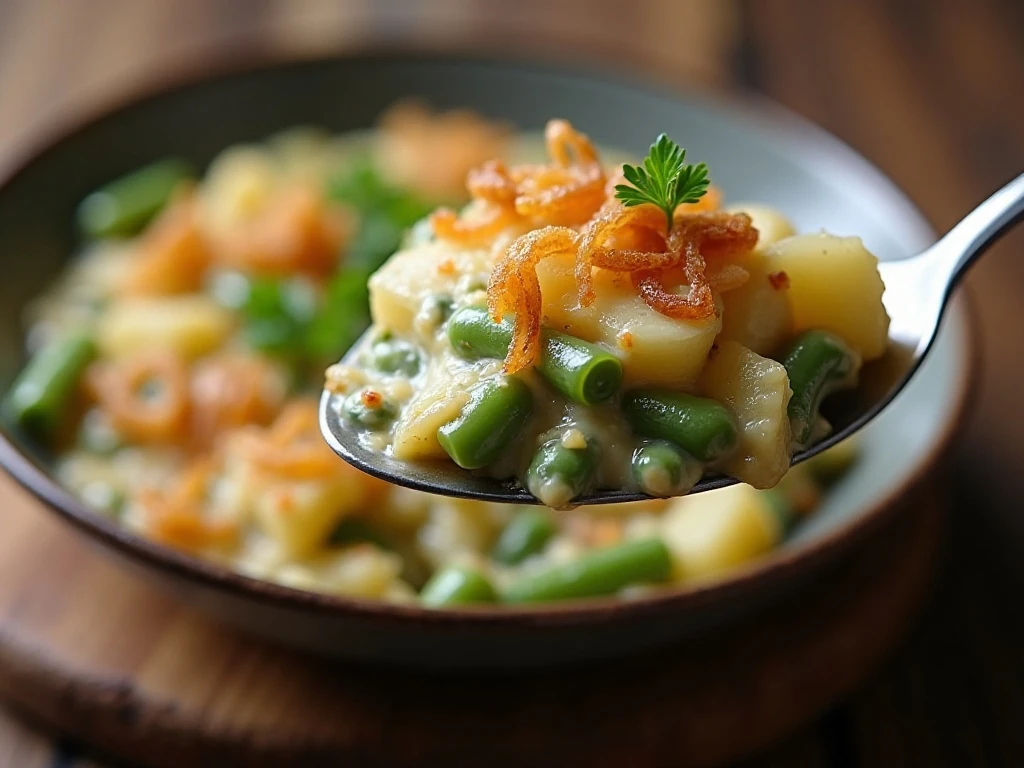 Serving green bean and potato casserole with parsley garnish
