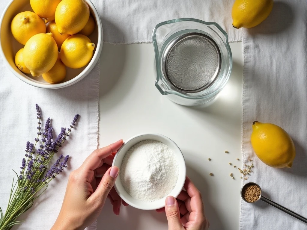 Ingredients for fresh lavender Meyer lemonade arranged on a table