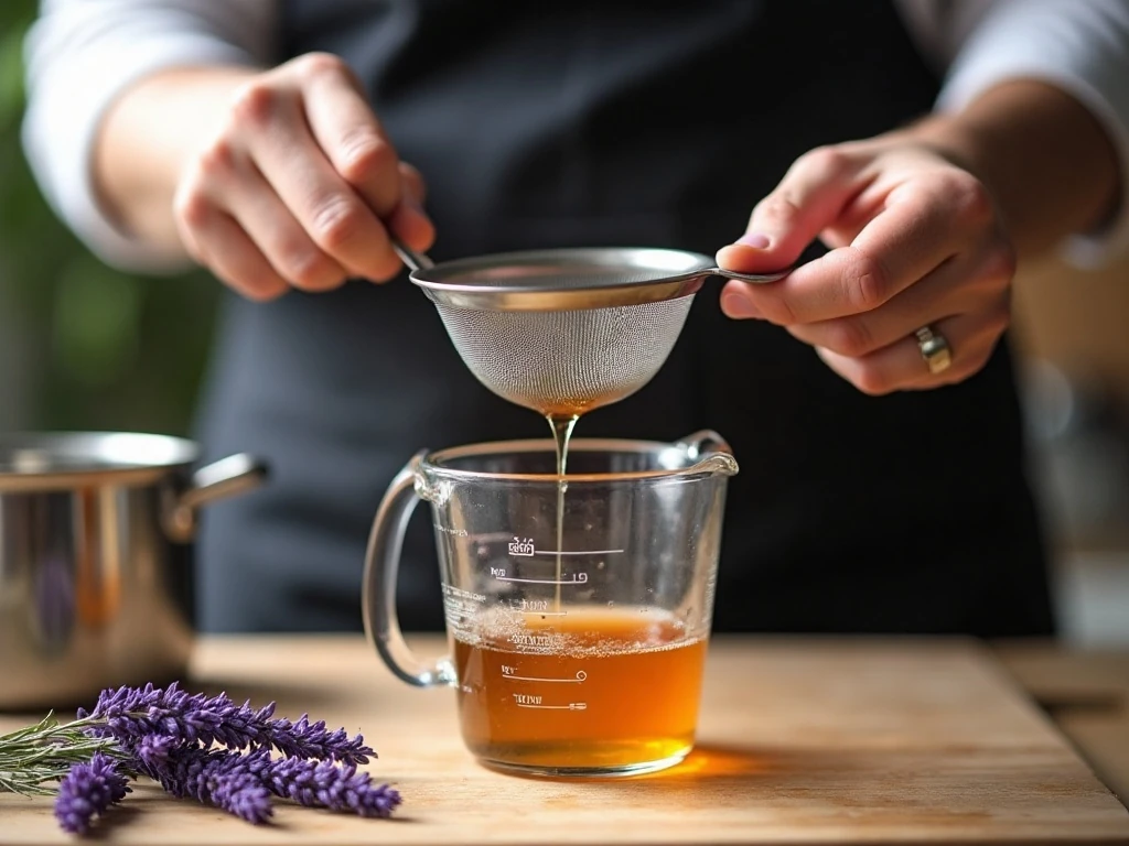 Straining lavender syrup for homemade Meyer lemonade
