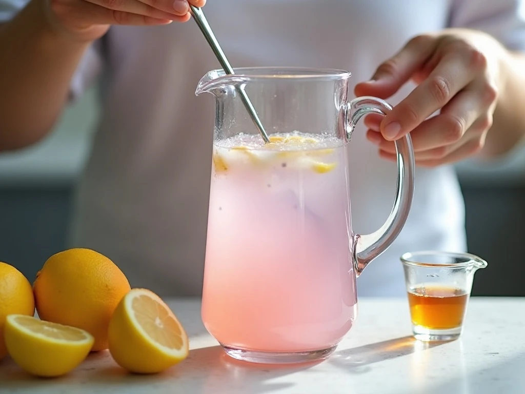 Stirring Meyer lemon juice lavender syrup and water together