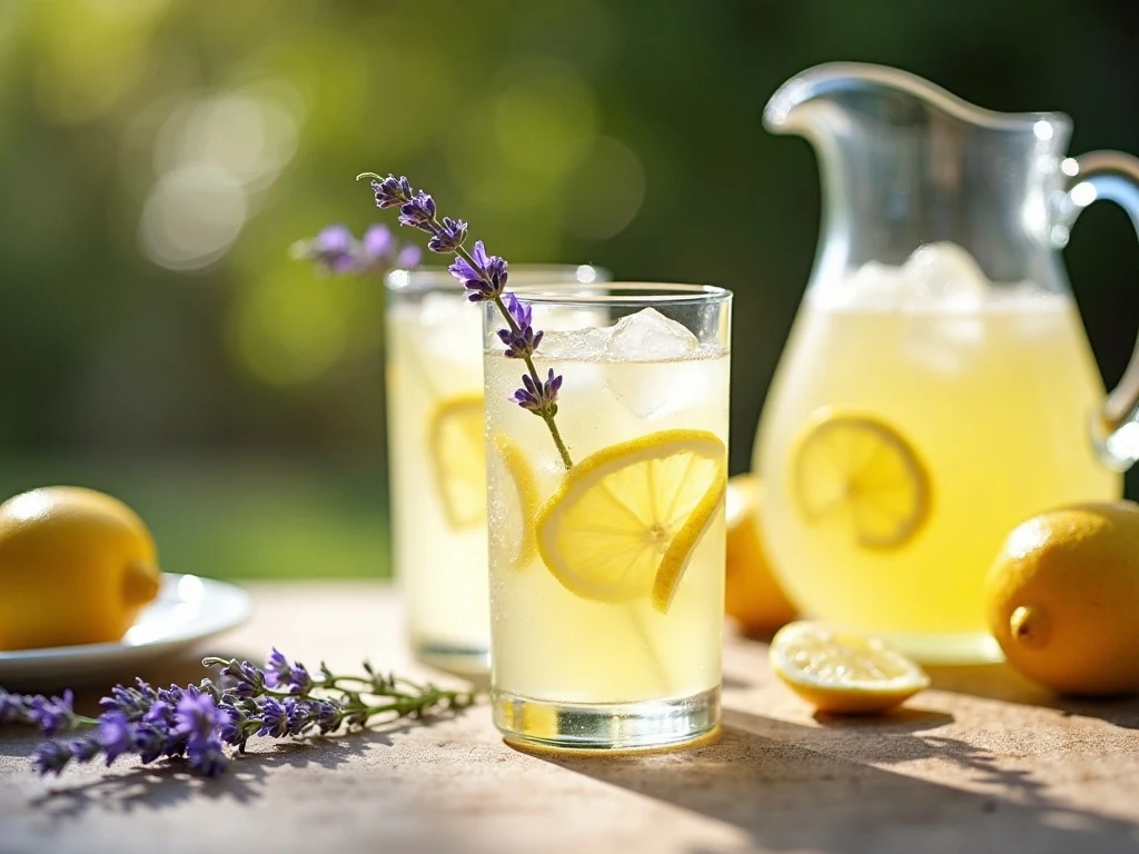 Chilled lavender Meyer lemonade served over ice