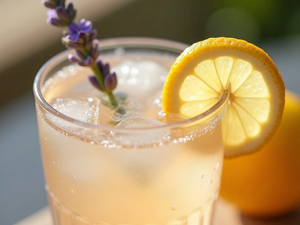 Meyer lemon slice and lavender garnish on lemonade