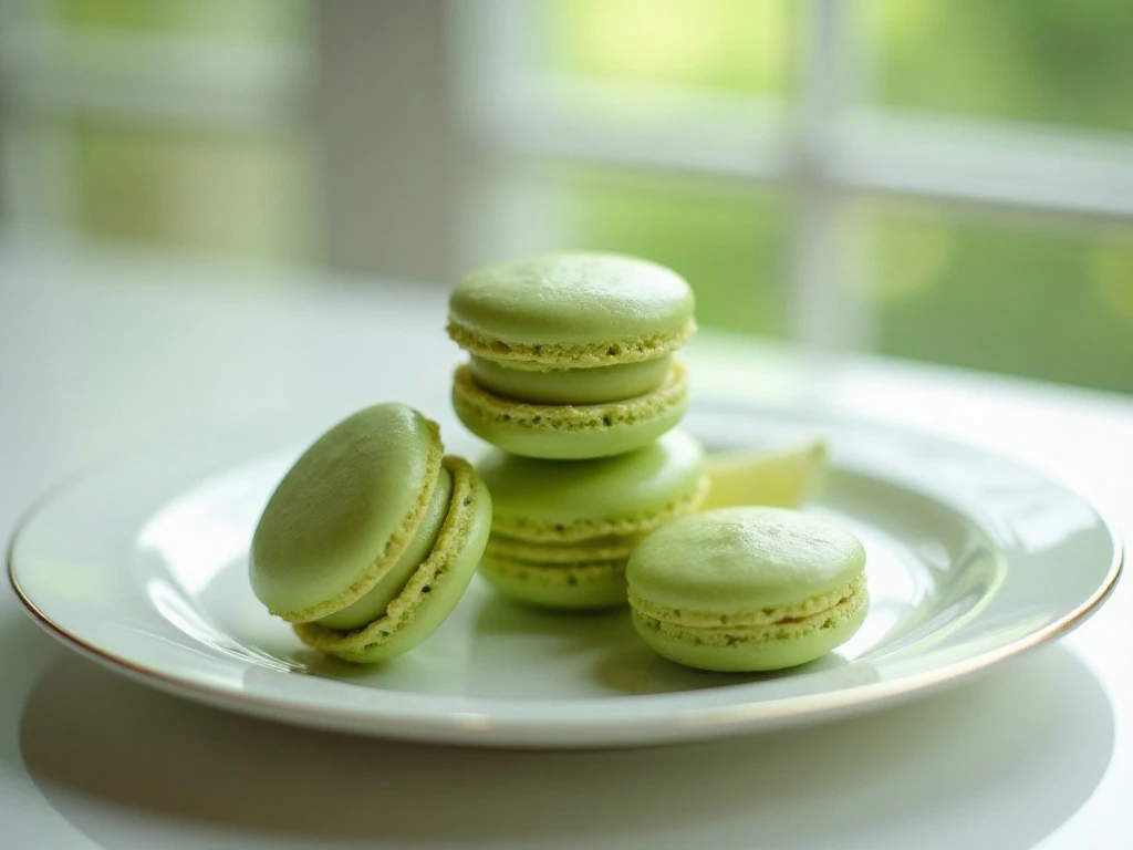 Fresh lime macarons arranged on a dessert plate
