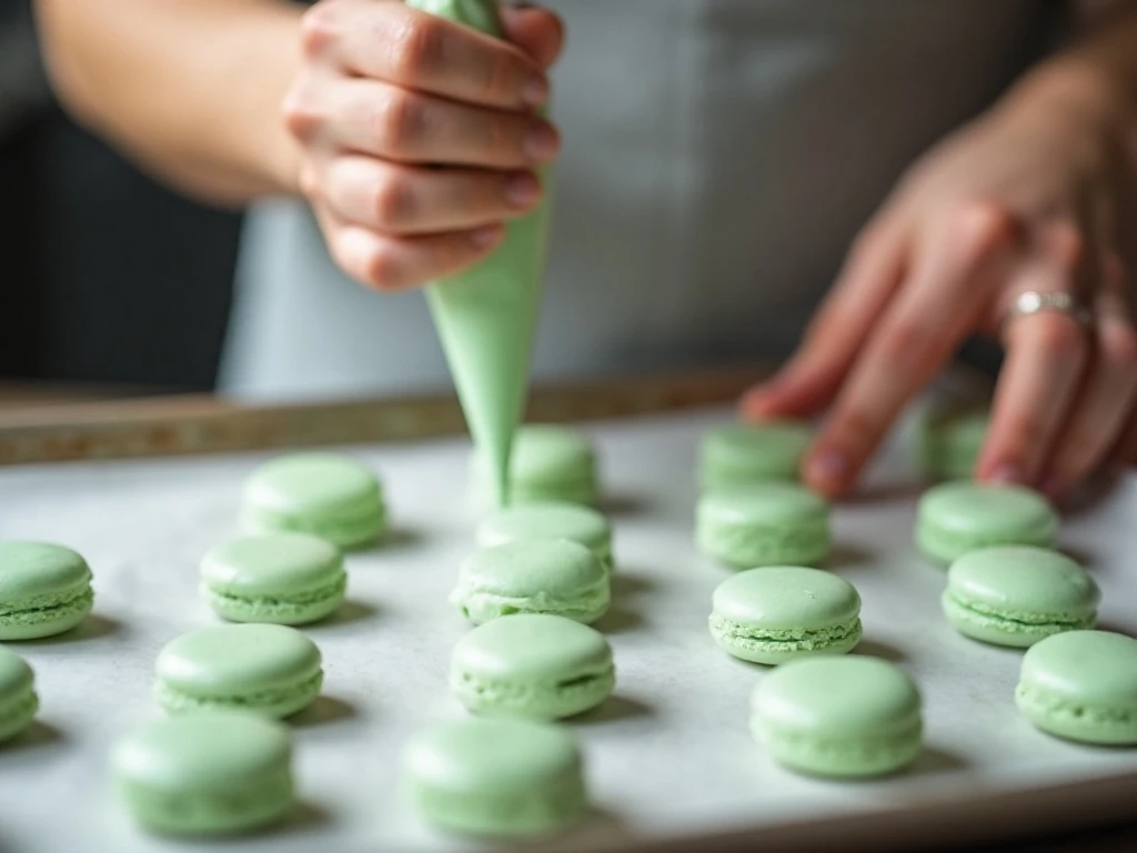 Piping lime macaron shells onto a baking sheet