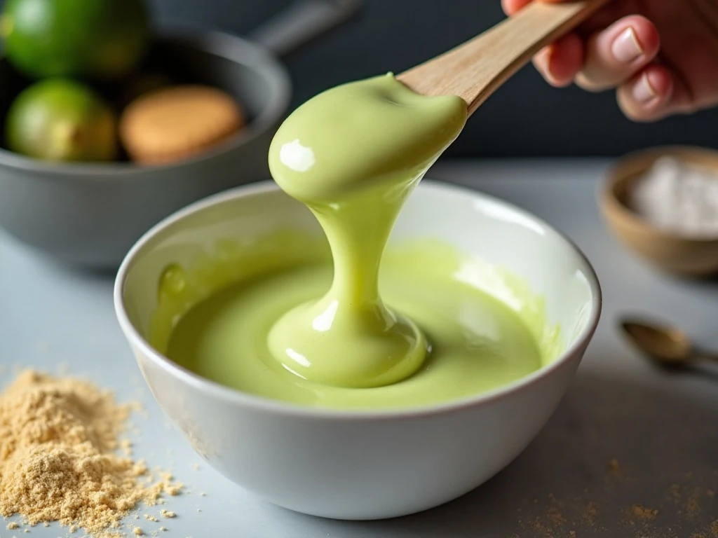 Testing lime macaron batter during macaronage