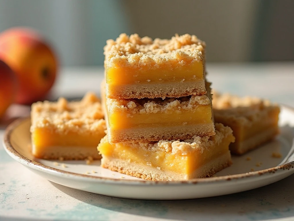 Stack of fresh peach crumb bars showing the buttery crust and juicy peach filling