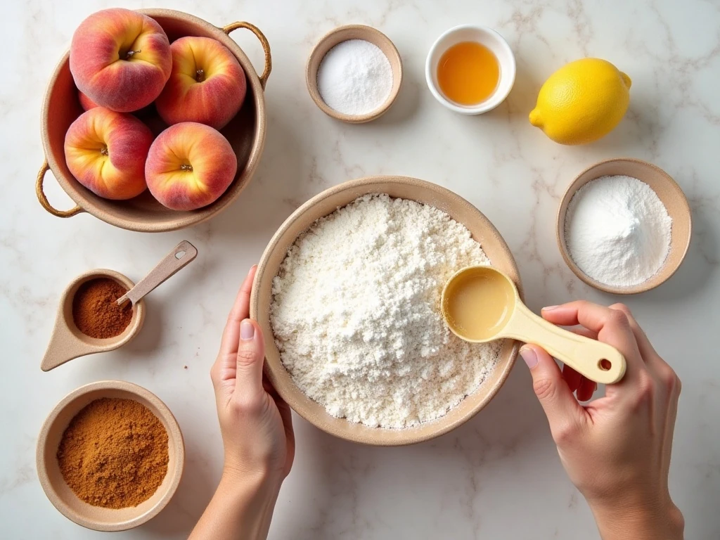 Ingredients for fresh peach crumb bars arranged for baking