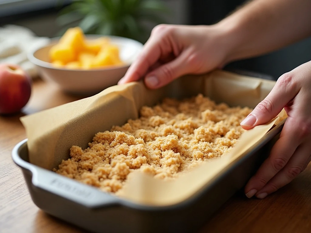 Crumb dough being pressed into a baking pan for peach bars