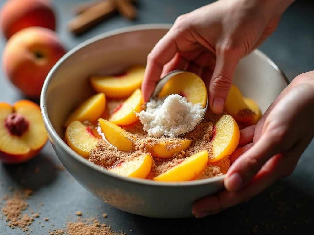 Fresh peach slices being mixed with cornstarch and lemon juice