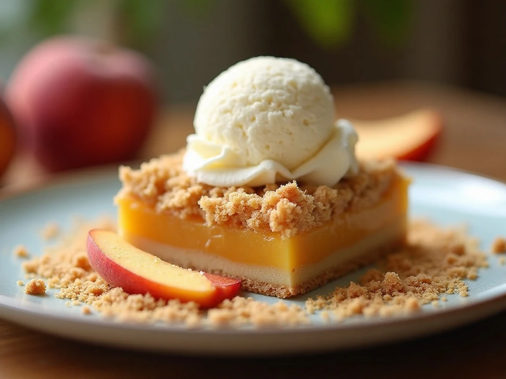 Fresh peach crumb bar served with vanilla ice cream and peach slices