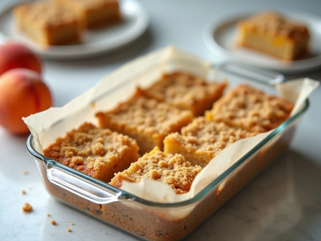 Peach crumb bars stored between parchment layers in an airtight container