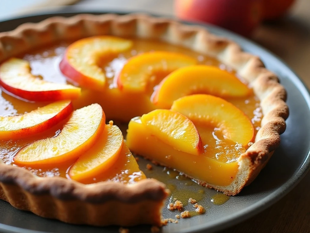 Fresh peach pie with a golden patty cake crust and glossy peach filling