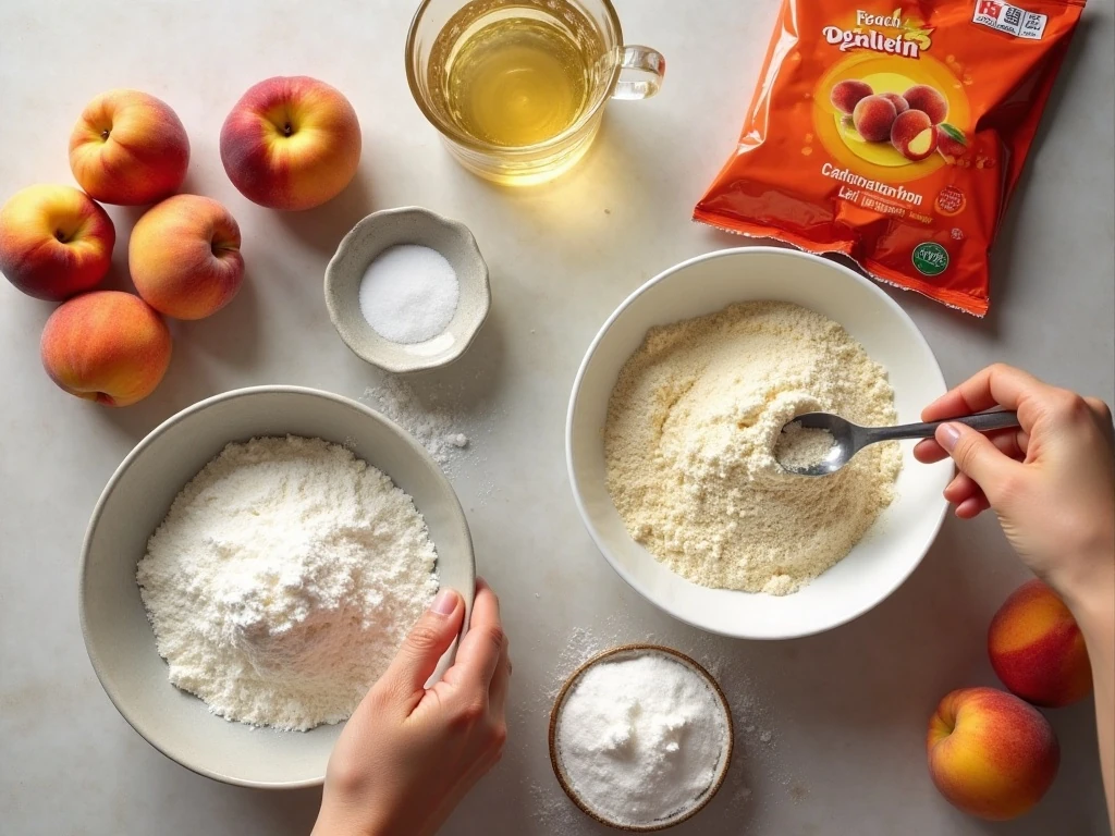 Ingredients for fresh peach pie with patty cake pie crust