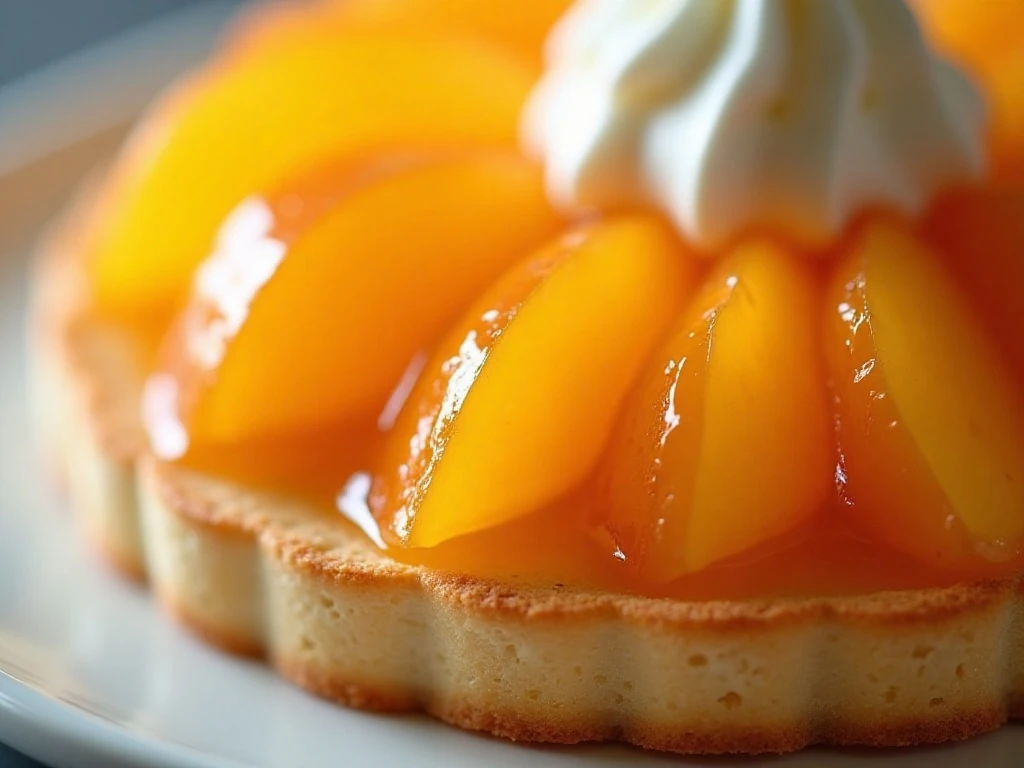 Glossy peach slices arranged beneath the pie glaze