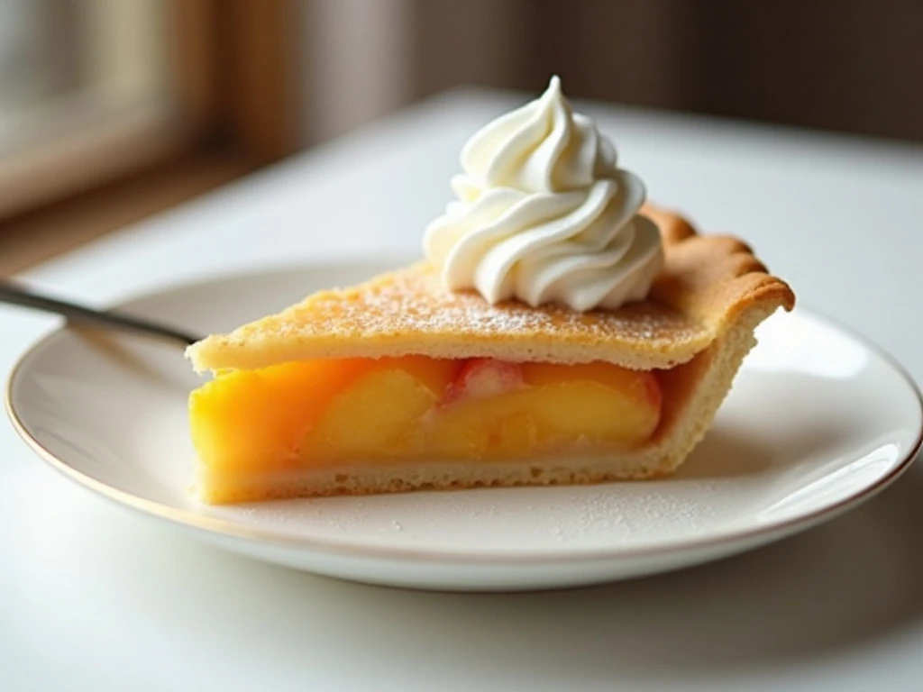 Slice of chilled fresh peach pie served with whipped cream