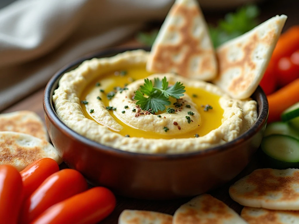 Creamy garlic hummus served with pita and fresh vegetables