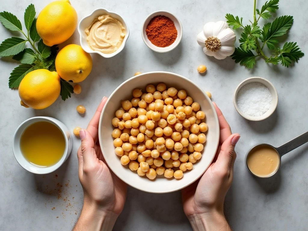 Ingredients for quick garlic hummus arranged in a flat lay