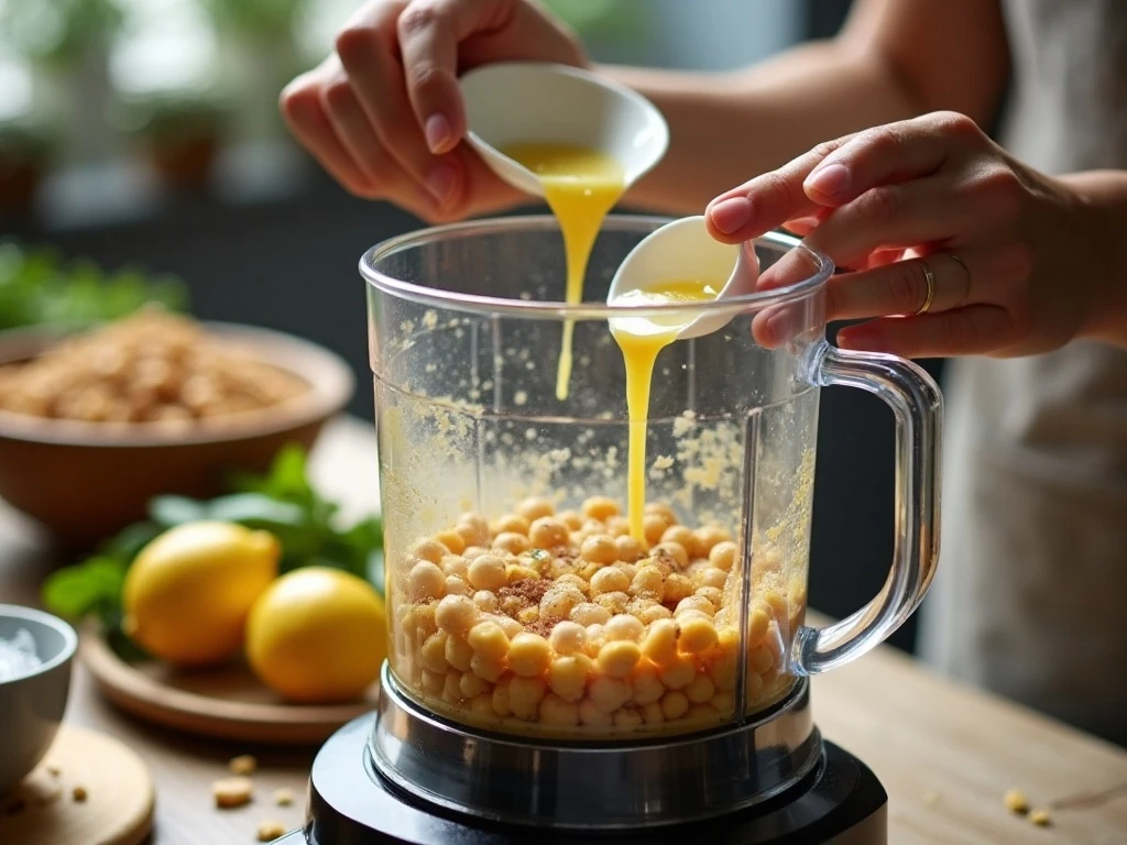 Food processor blending ingredients for homemade garlic hummus