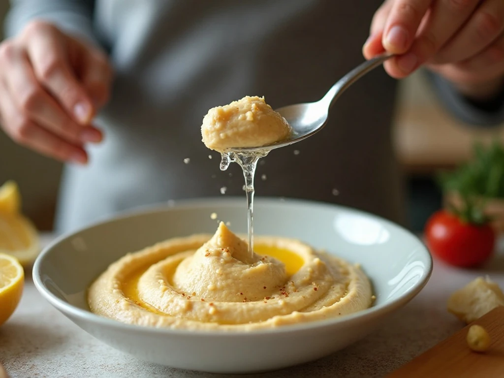 Adding ice-cold water to create smooth creamy hummus