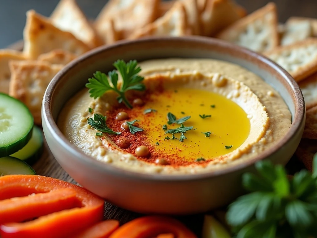 Garlic hummus finished with olive oil, paprika, parsley, and chickpeas