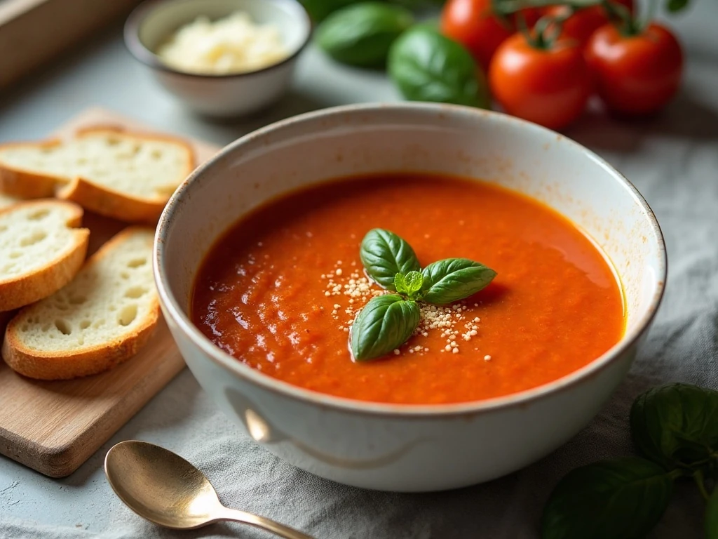 Bowl of comforting homemade fresh tomato soup served with toasted bread
