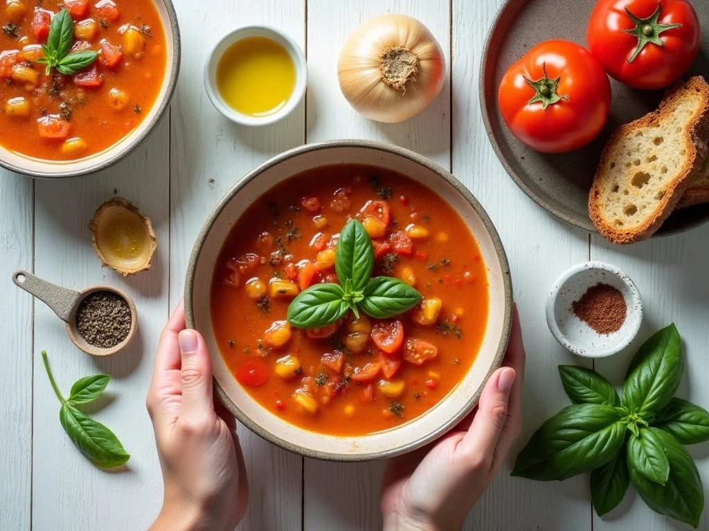 Fresh ingredients for homemade tomato soup arranged on a kitchen surface