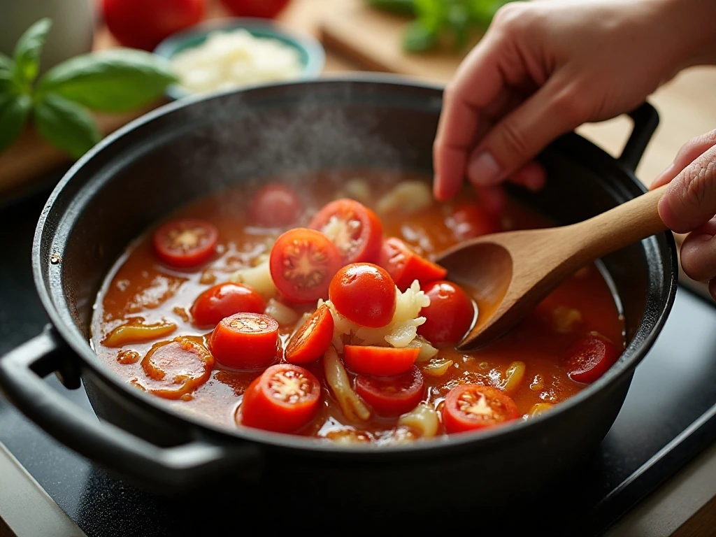 Tomato soup ingredients simmering together in a large pot