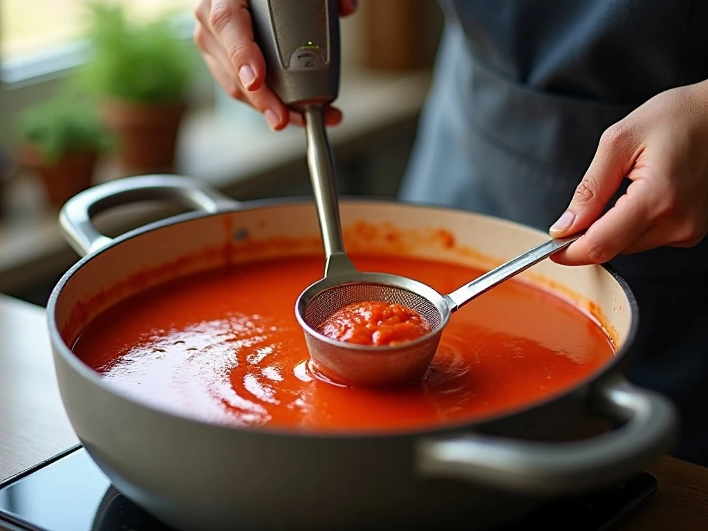 Blending homemade tomato soup for a smooth texture