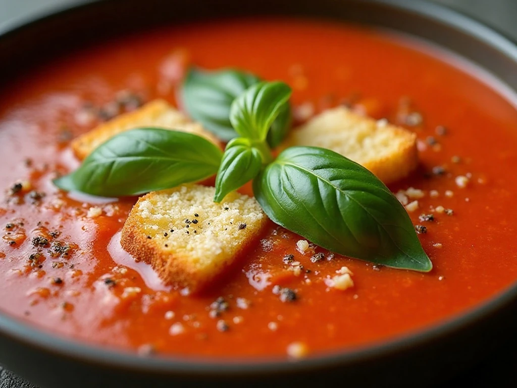 Fresh tomato soup topped with basil, Parmesan, olive oil, and croutons