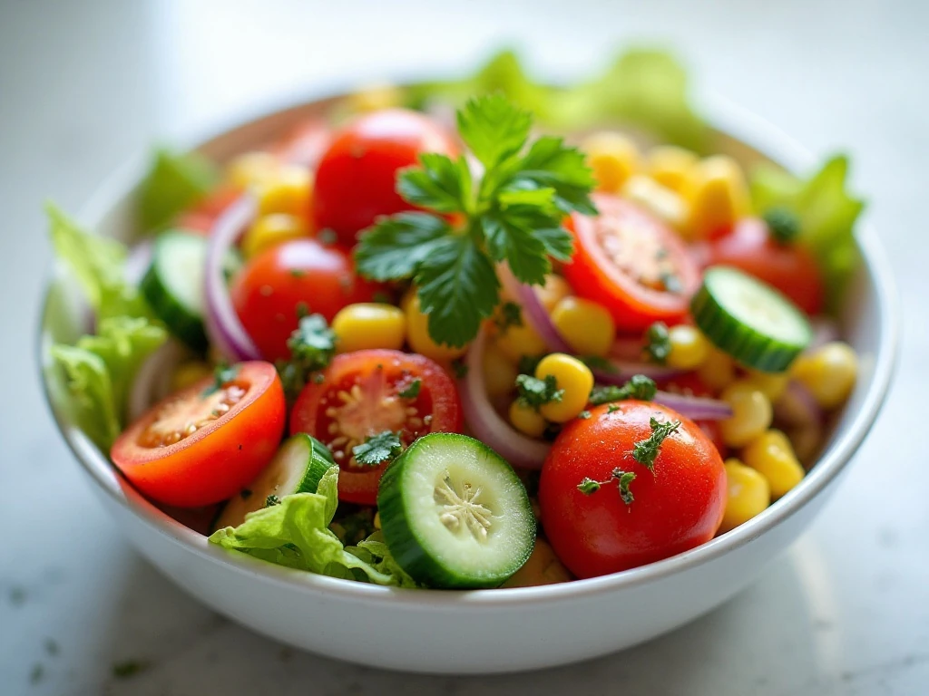 Colorful fresh vegetable salad in a white serving bowl