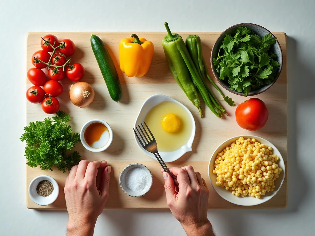 Fresh vegetable salad ingredients arranged for preparation