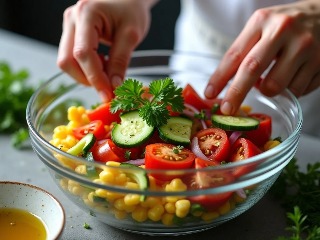 Tossing chopped vegetables with homemade salad dressing