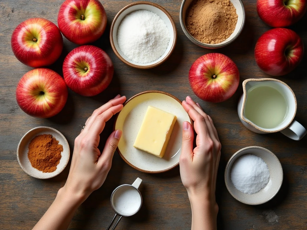 Ingredients for old-fashioned fried apples arranged on a kitchen counter