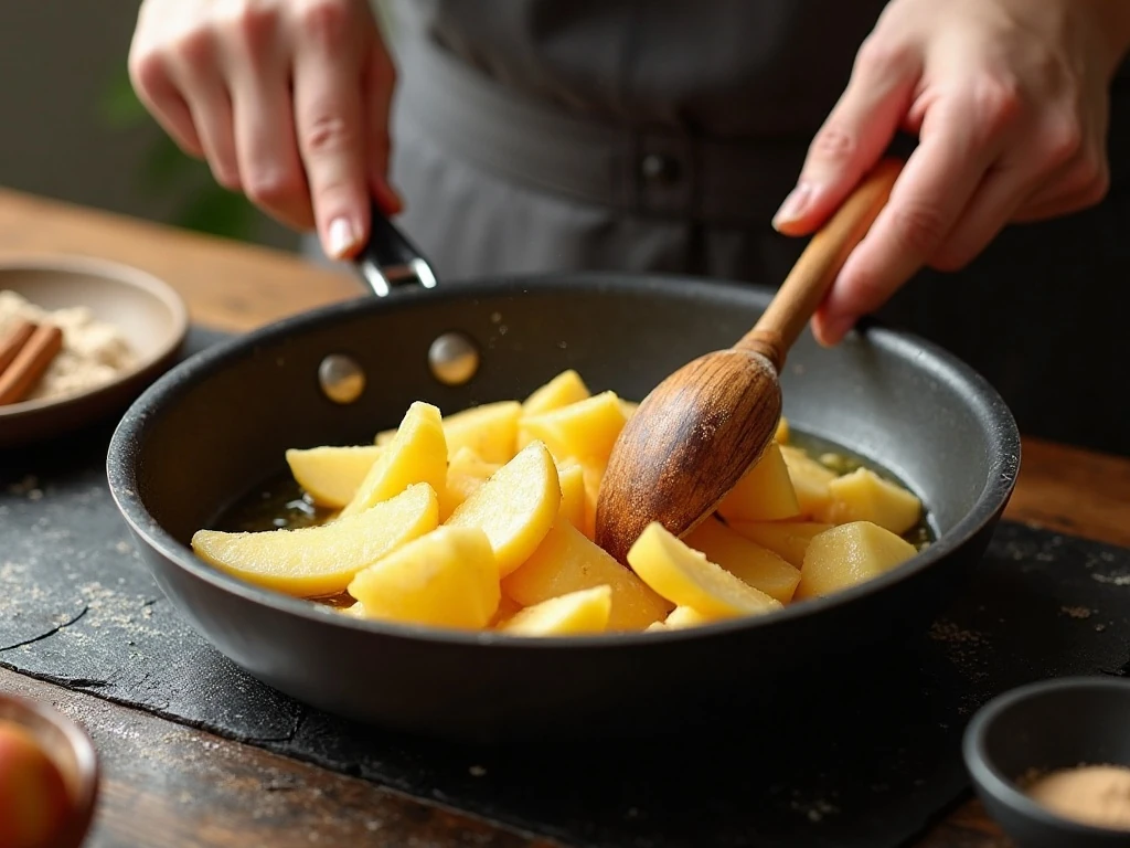 Apple wedges cooking gently in butter in a skillet