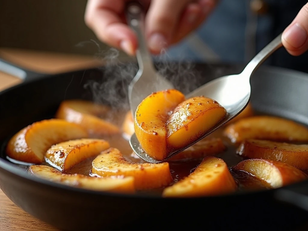 Tender apple wedges simmering in glossy cinnamon syrup