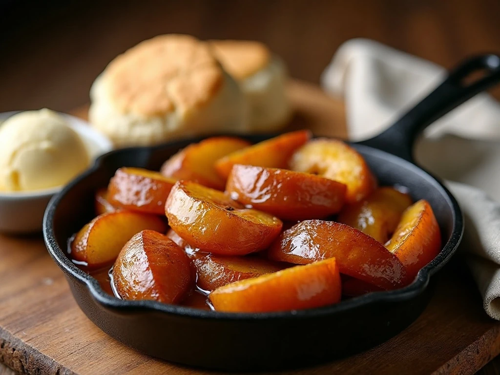 Warm fried apples served with biscuits and vanilla ice cream