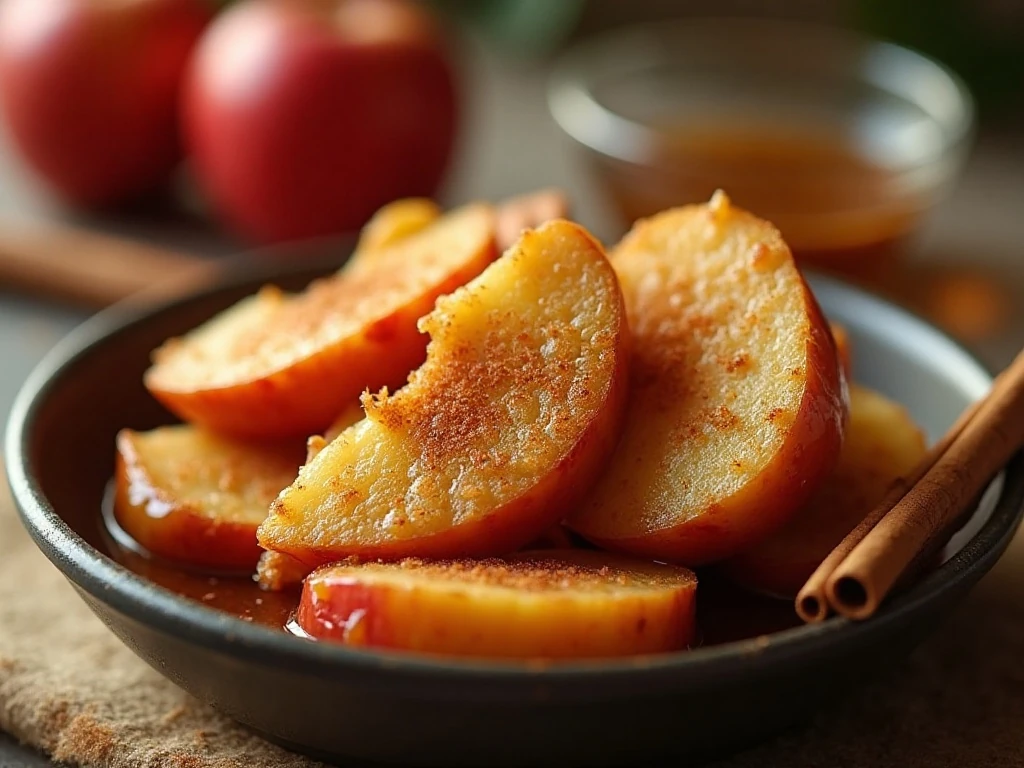 Close-up of reheated fried apples with cinnamon garnish