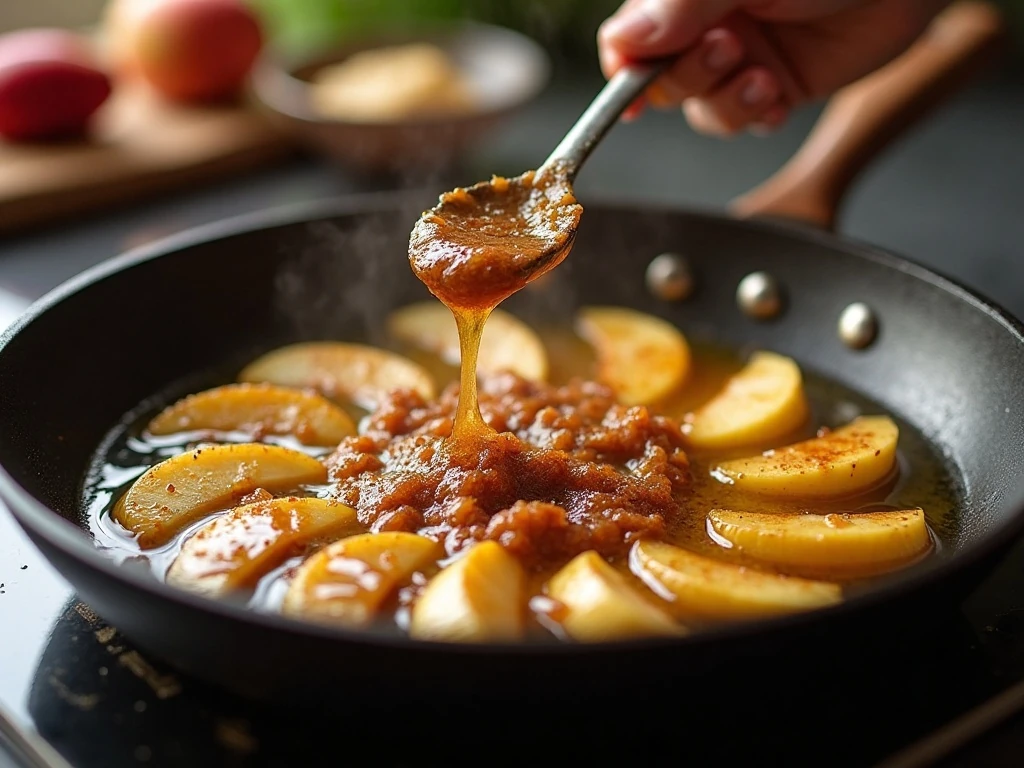 Apple slices cooking in butter and cinnamon sugar in a skillet