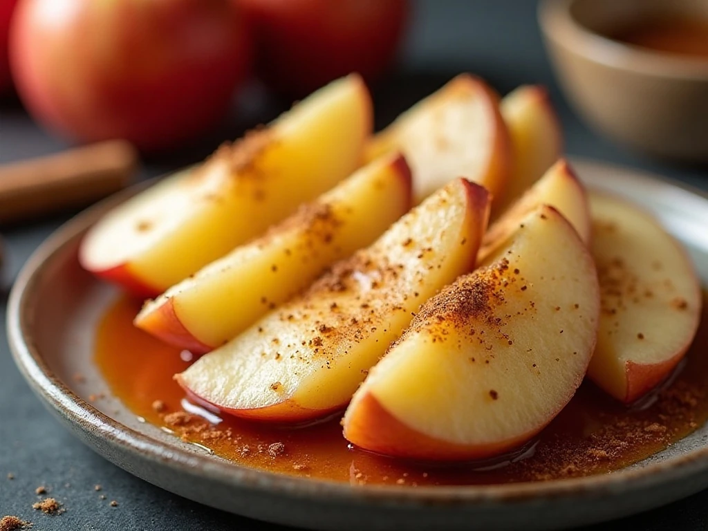 Tender apple slices coated in glossy cinnamon butter sauce