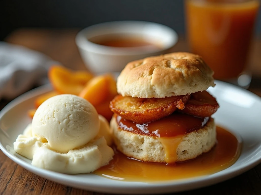 Southern fried apples served with a biscuit and vanilla ice cream