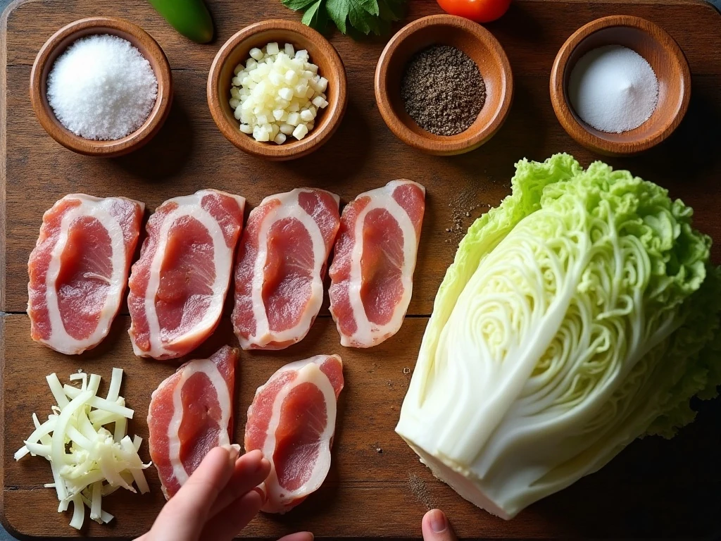 Ingredients for fried cabbage and bacon slaw arranged for cooking