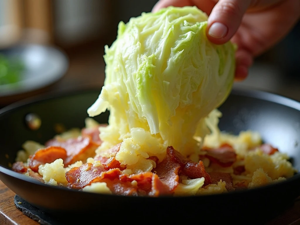 Sliced cabbage added to skillet with bacon, onion, and garlic
