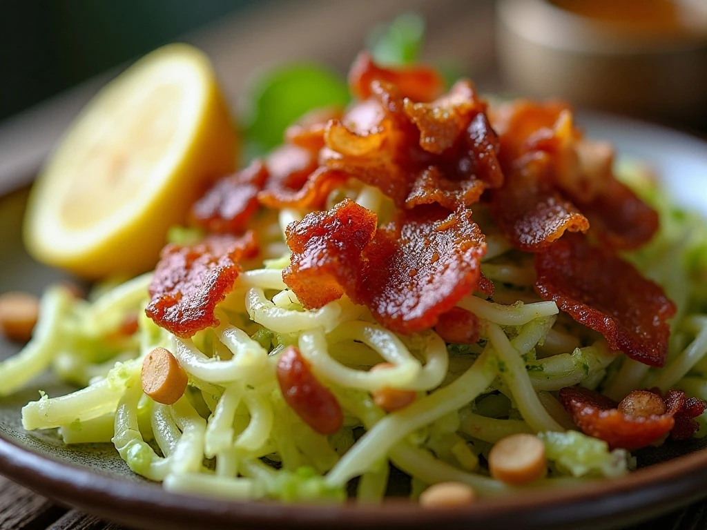 Close-up of fried cabbage slaw with bacon and optional lemon finish
