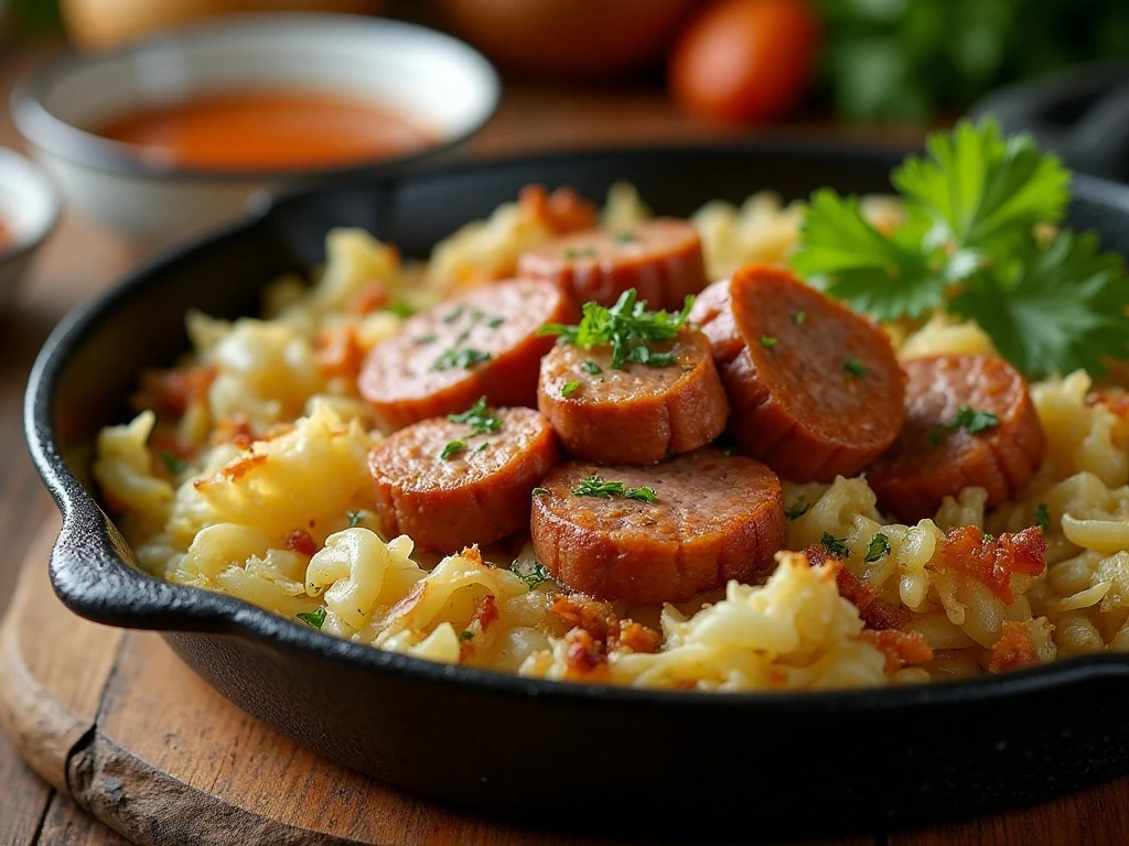 Fried cabbage with browned smoked sausage served in a skillet