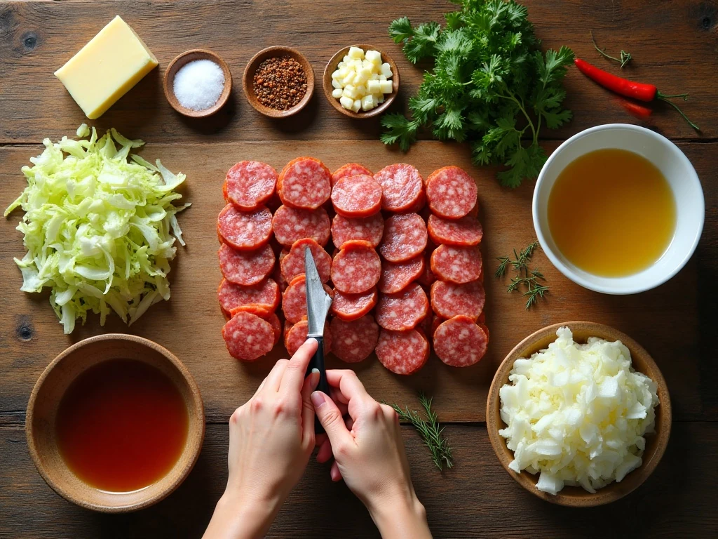 Ingredients for easy fried cabbage with sausage