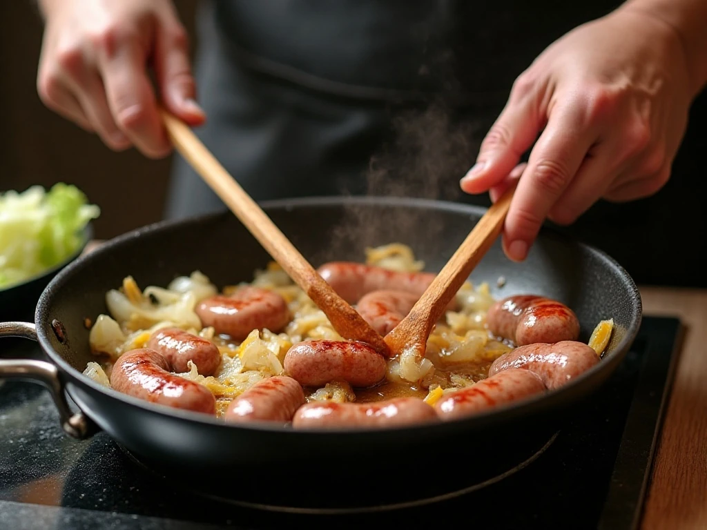 Sausage and onions cooking for fried cabbage