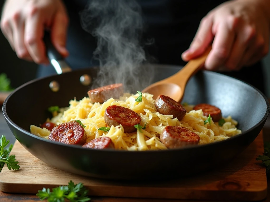 Cabbage and sausage browning in a skillet