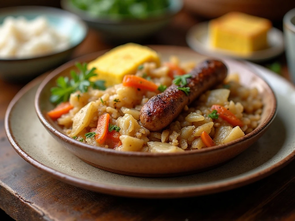 Fried cabbage with sausage served with cornbread and rice