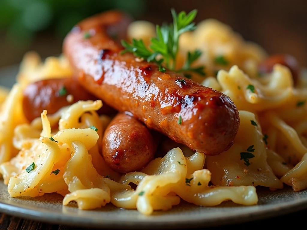 Close-up of tender leftover fried cabbage with sausage