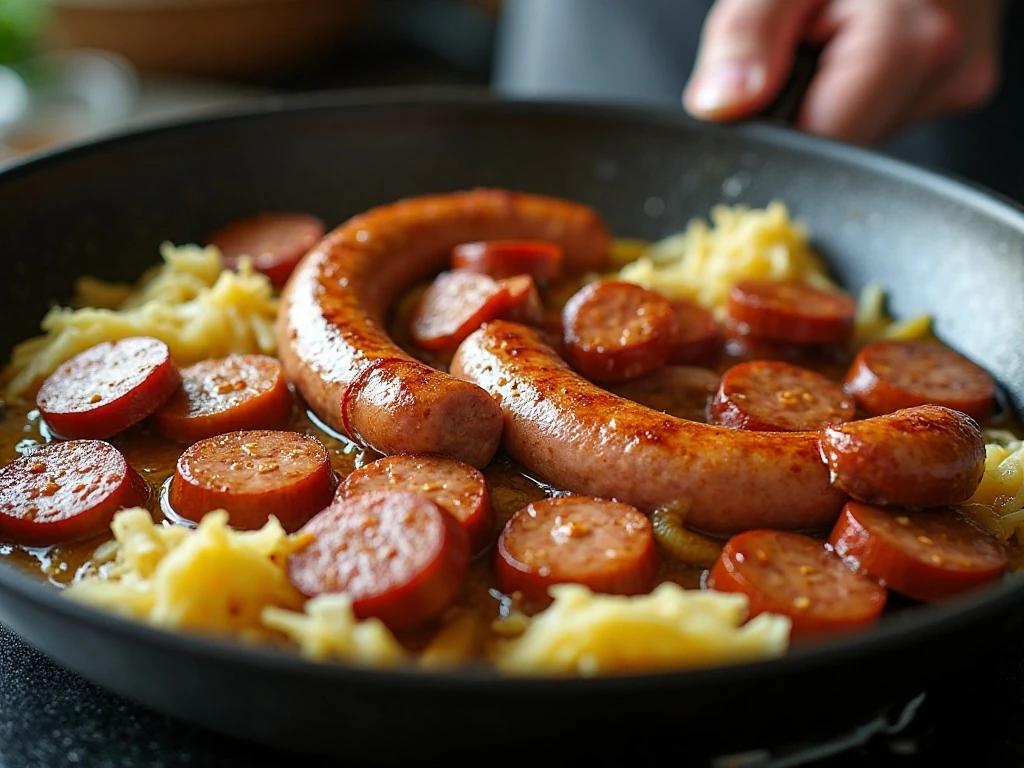 Sausage and onion browning in a skillet for fried cabbage